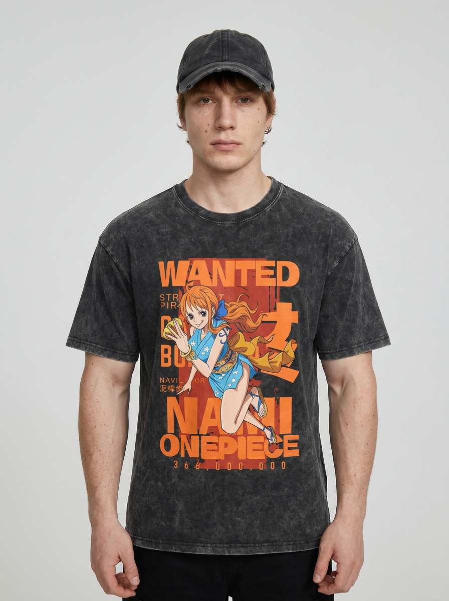 Anime Washable T-Shirt Collection 2 model frontal central — washed black t-shirt | Tempus Arc premium anime streetwear
