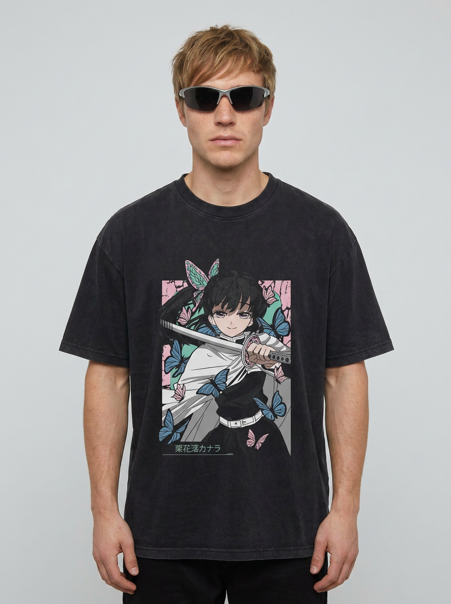 Anime Washable T-Shirt Collection 2 model frontal central — washed black t-shirt | Tempus Arc premium anime streetwear