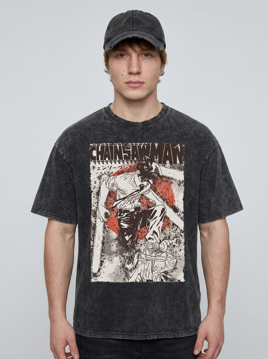 Anime Washable T-Shirt Collection 2 model frontal central — washed black t-shirt | Tempus Arc premium anime streetwear