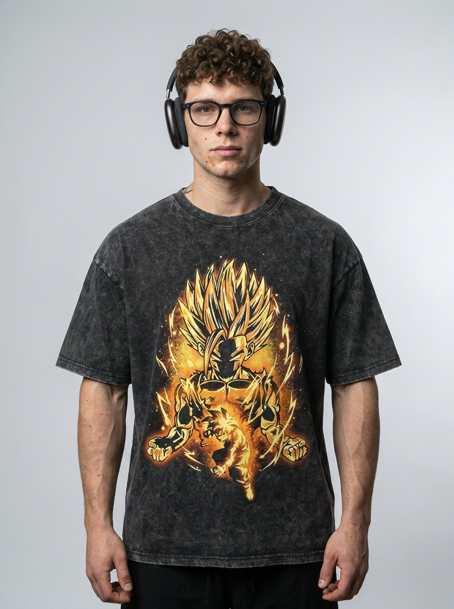 Anime Washable T-Shirt Collection 2 model frontal central — washed black t-shirt | Tempus Arc premium anime streetwear