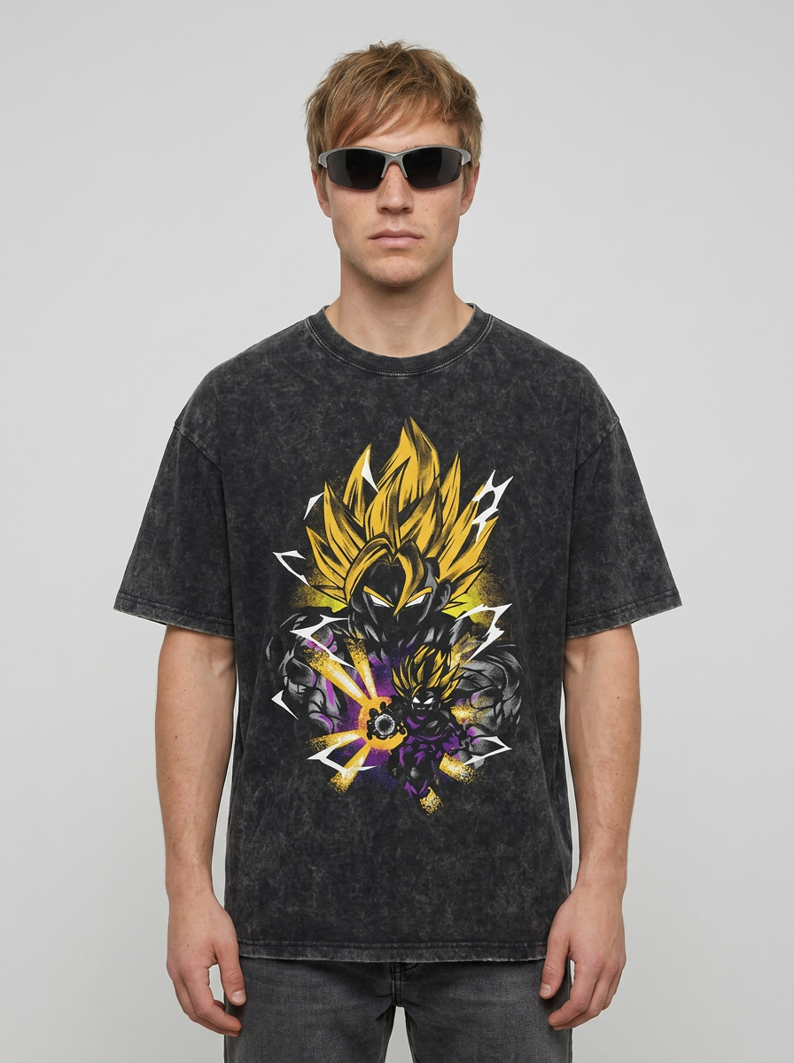 Anime Washable T-Shirt Collection 2 model frontal central — washed black t-shirt | Tempus Arc premium anime streetwear