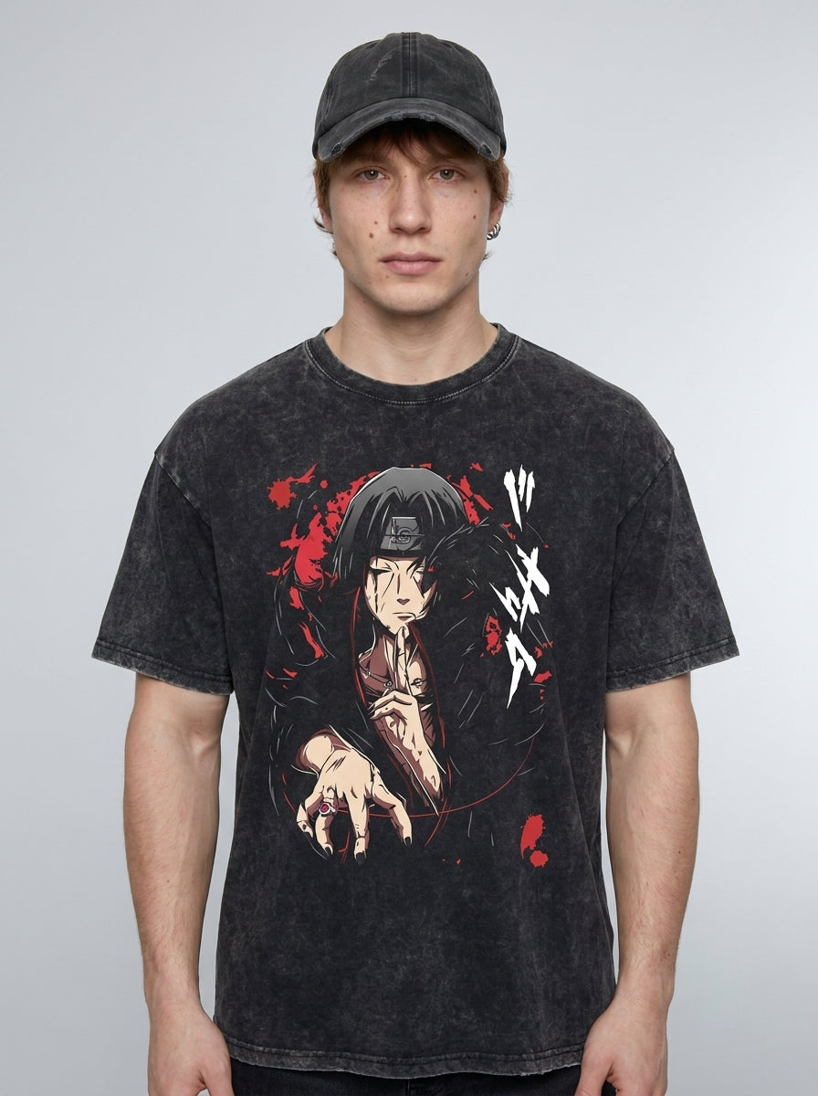 Anime Washable T-Shirt Collection 2 model frontal central — washed black t-shirt | Tempus Arc premium anime streetwear