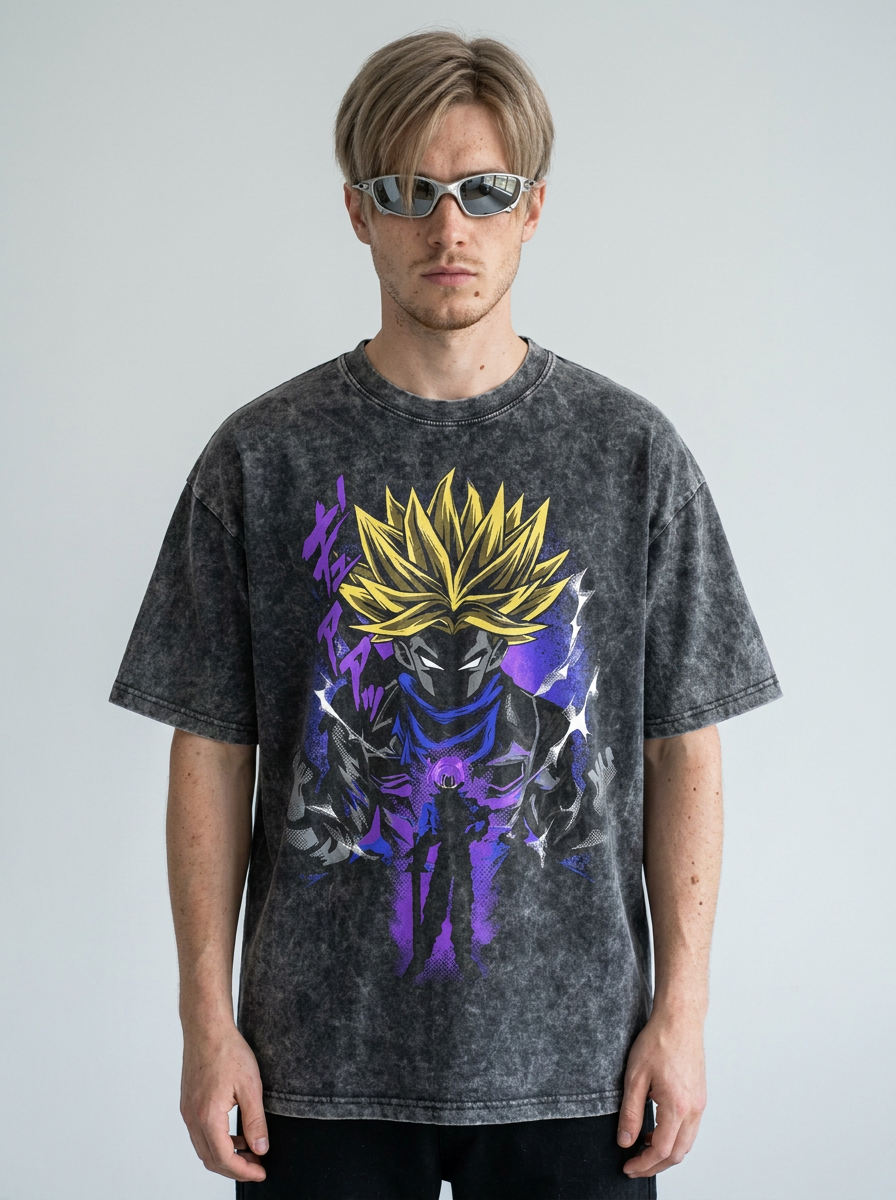 Anime Washable T-Shirt Collection 2 model frontal central — washed black t-shirt | Tempus Arc premium anime streetwear