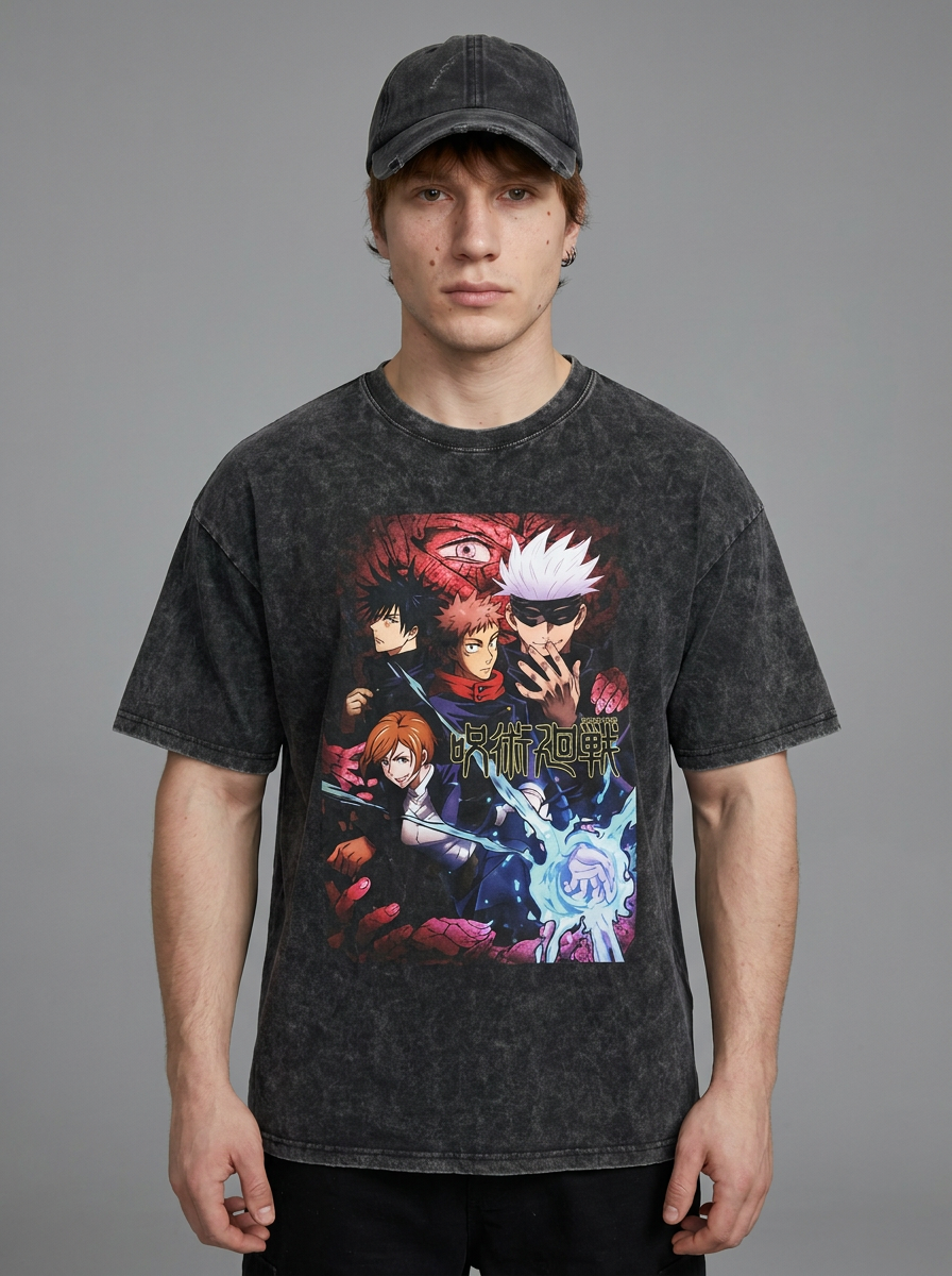 Anime Washable T-Shirt Collection 2 model frontal central — washed black t-shirt | Tempus Arc premium anime streetwear