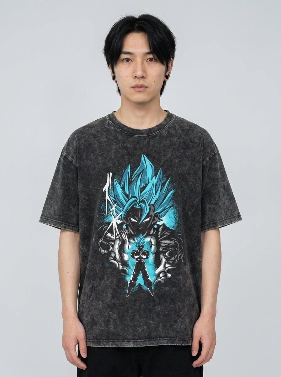 Anime Washable T-Shirt Collection 2 model frontal central — washed black t-shirt | Tempus Arc premium anime streetwear