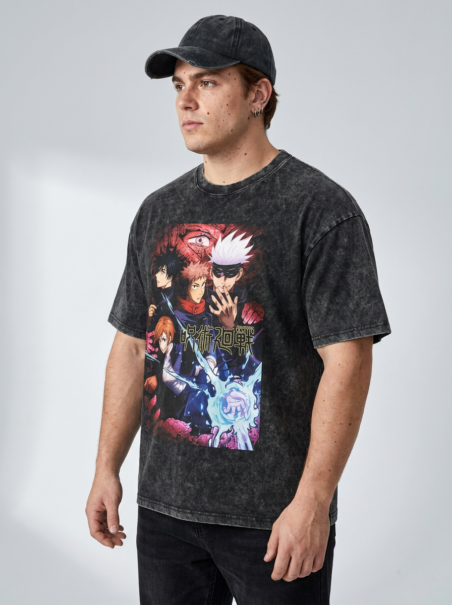 Anime Washable T-Shirt Collection 2 model lateral 3/4 — oversized washed cotton t-shirt | Tempus Arc premium anime streetwear
