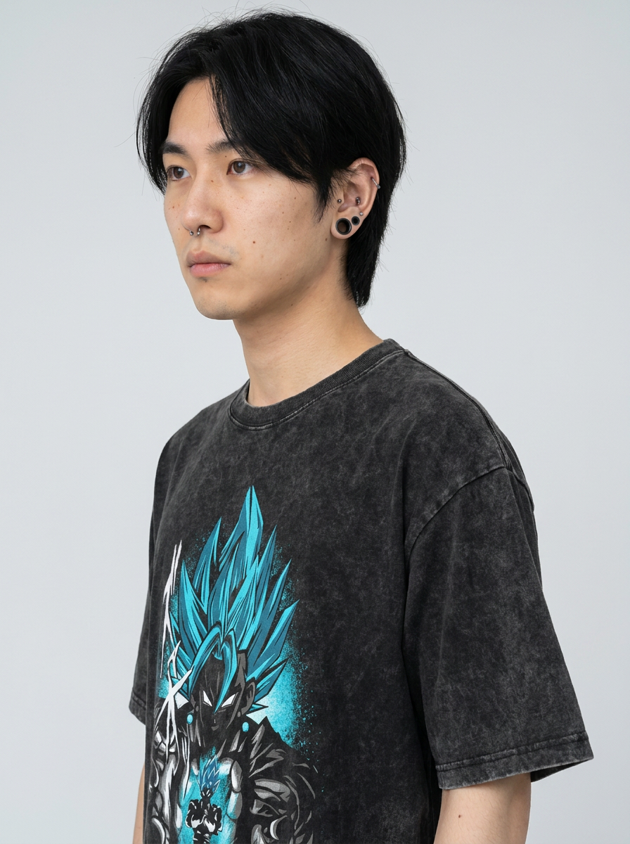 Anime Washable T-Shirt Collection 2 model lateral 3/4 — oversized washed cotton t-shirt | Tempus Arc premium anime streetwear