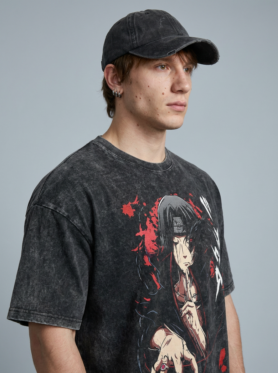 Anime Washable T-Shirt Collection 2 model lateral 3/4 — oversized washed cotton t-shirt | Tempus Arc premium anime streetwear