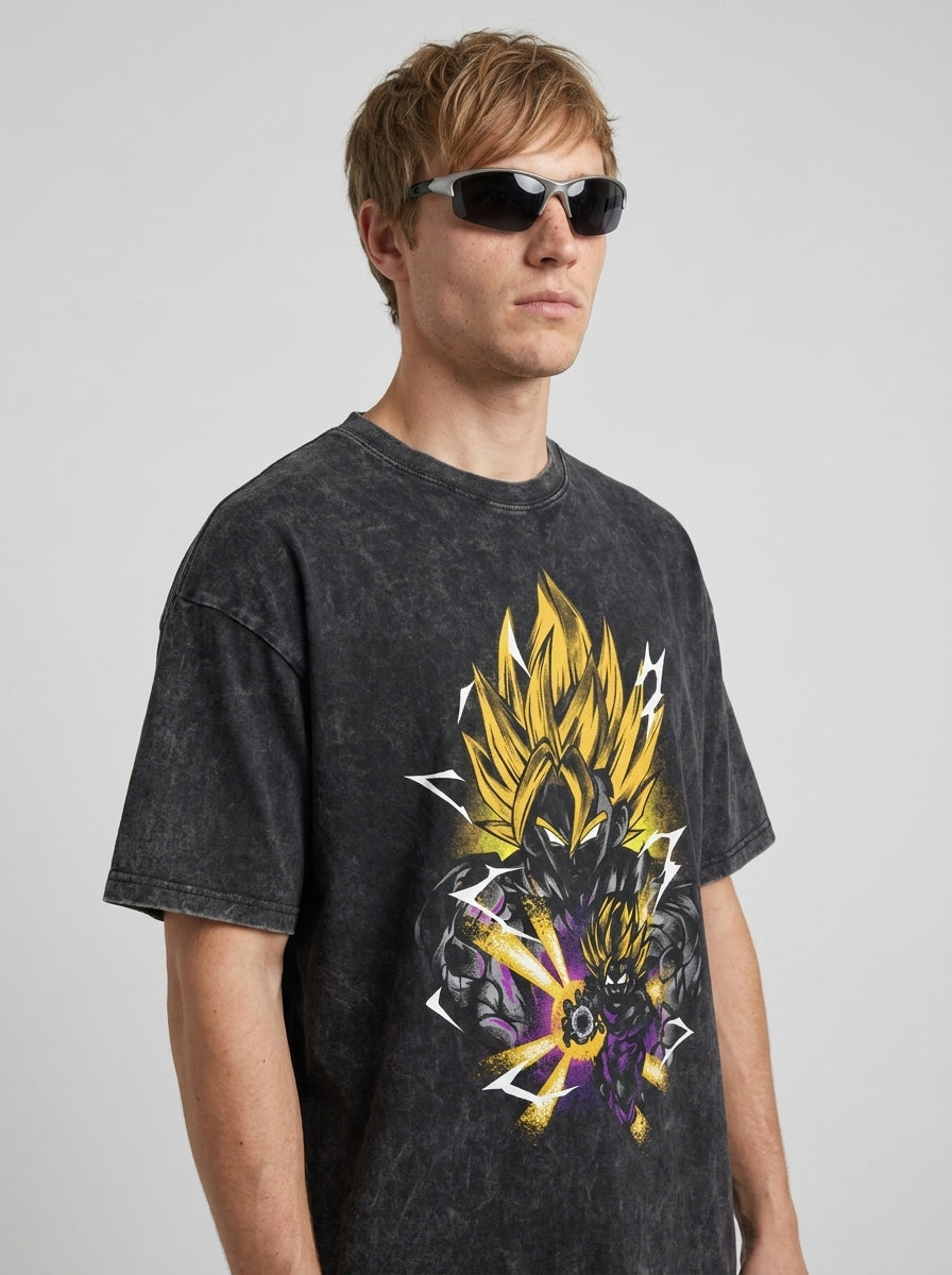 Anime Washable T-Shirt Collection 2 model lateral 3/4 — oversized washed cotton t-shirt | Tempus Arc premium anime streetwear