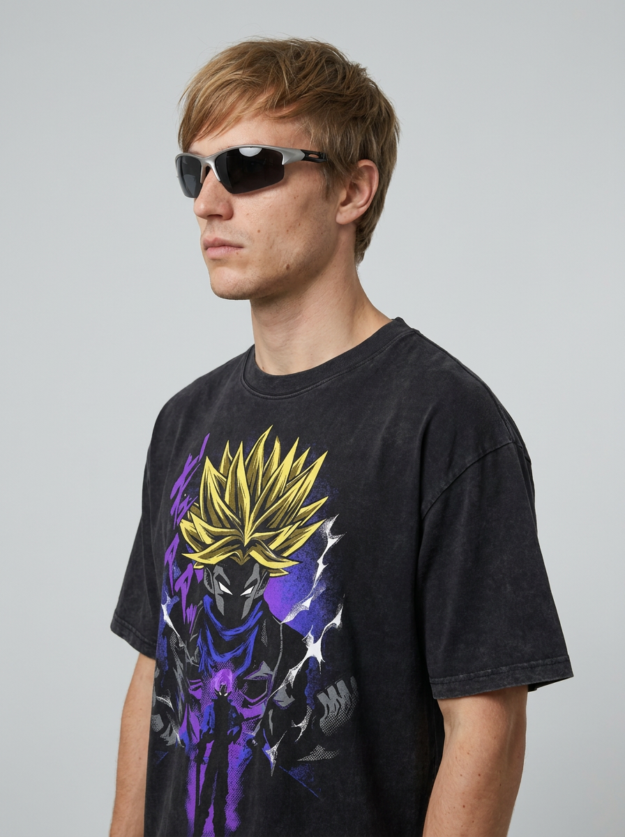 Anime Washable T-Shirt Collection 2 model lateral 3/4 — oversized washed cotton t-shirt | Tempus Arc premium anime streetwear