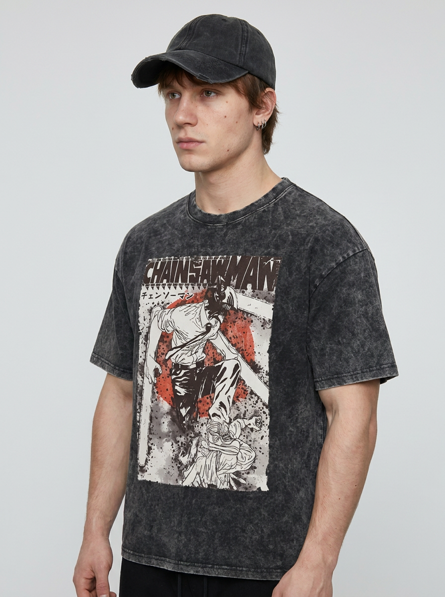 Anime Washable T-Shirt Collection 2 model lateral 3/4 — oversized washed cotton t-shirt | Tempus Arc premium anime streetwear