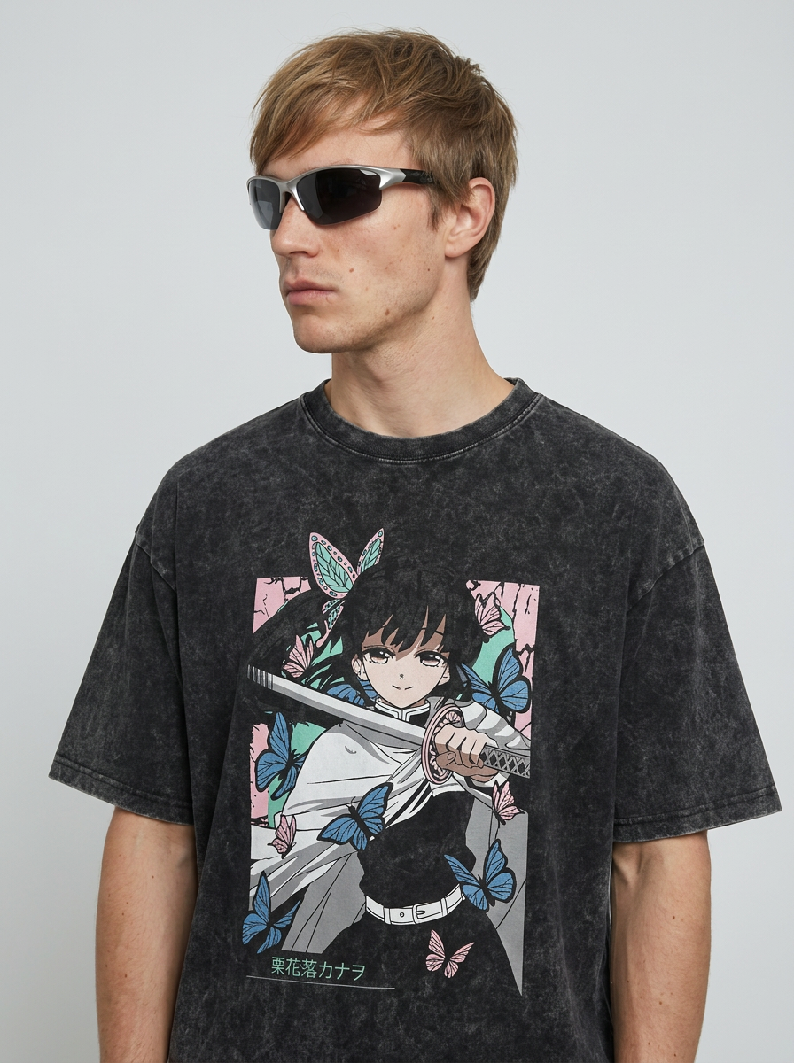 Anime Washable T-Shirt Collection 2 model lateral 3/4 — oversized washed cotton t-shirt | Tempus Arc premium anime streetwear
