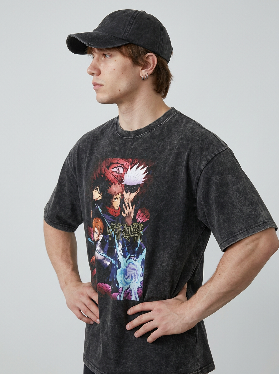 Anime Washable T-Shirt Collection 2 model side profile athletic — washed cotton t-shirt | Tempus Arc premium anime streetwear