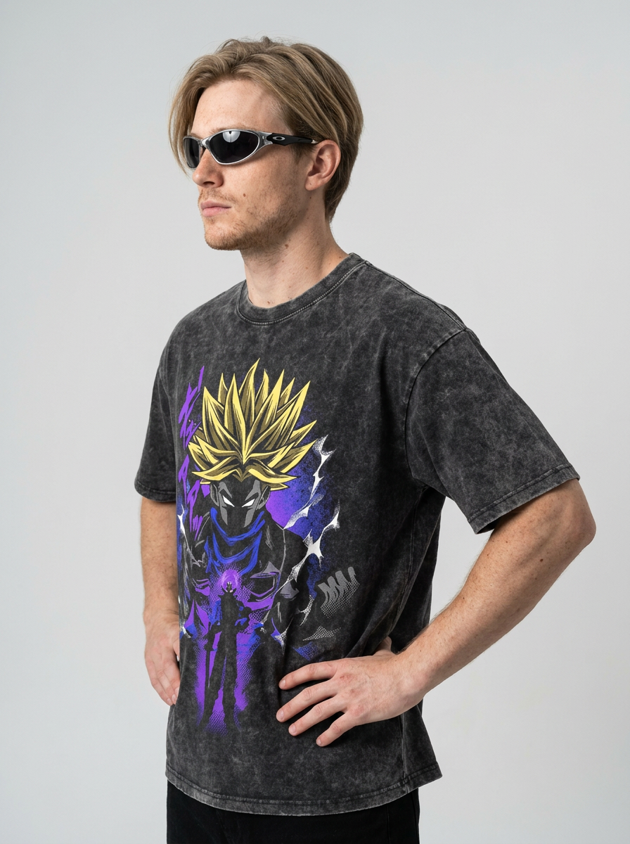 Anime Washable T-Shirt Collection 2 model side profile athletic — washed cotton t-shirt | Tempus Arc premium anime streetwear