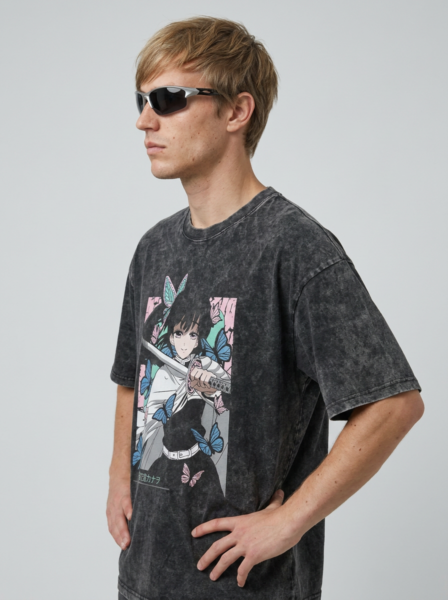 Anime Washable T-Shirt Collection 2 model side profile athletic — washed cotton t-shirt | Tempus Arc premium anime streetwear