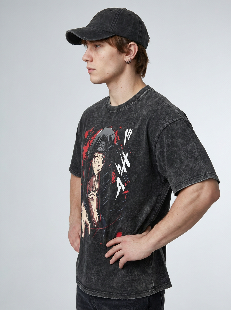 Anime Washable T-Shirt Collection 2 model side profile athletic — washed cotton t-shirt | Tempus Arc premium anime streetwear