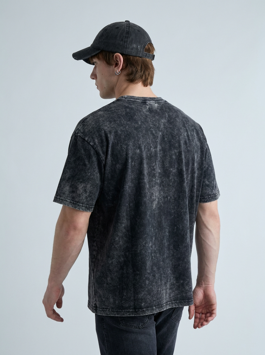 Anime Washable T-Shirt Collection 2 model back 3/4 angle — washed t-shirt | Tempus Arc premium anime streetwear