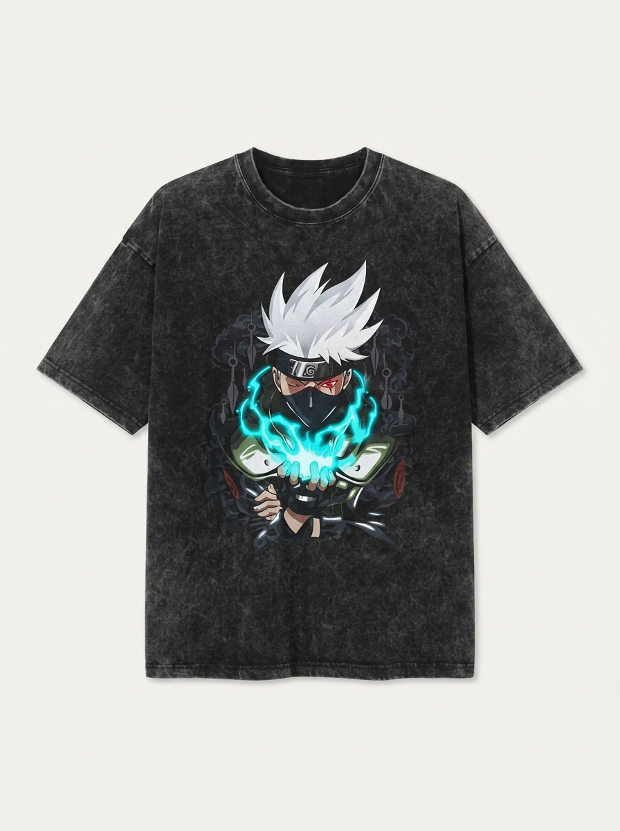 Anime Washable T-Shirt Collection 2 flat lay front view — washed black oversized t-shirt | Tempus Arc premium anime streetwear