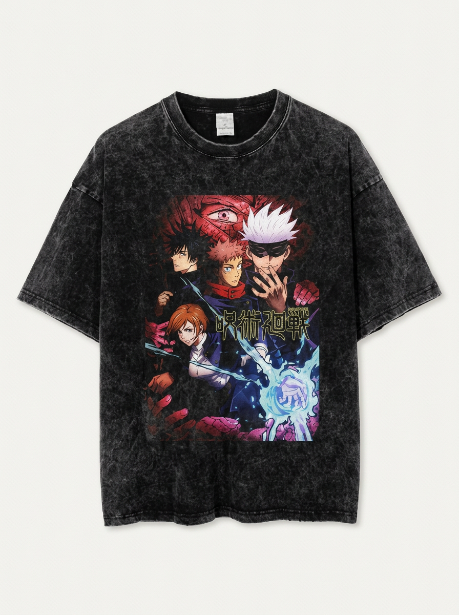Anime Washable T-Shirt Collection 2 flat lay front view — washed black oversized t-shirt | Tempus Arc premium anime streetwear