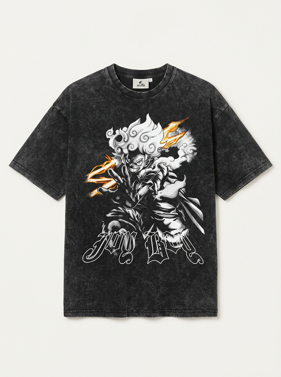 Anime Washable T-Shirt Collection 2 flat lay front view — washed black oversized t-shirt | Tempus Arc premium anime streetwear