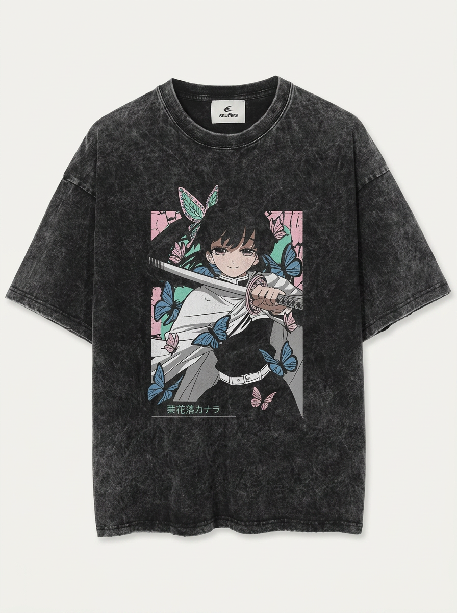 Anime Washable T-Shirt Collection 2 flat lay front view — washed black oversized t-shirt | Tempus Arc premium anime streetwear