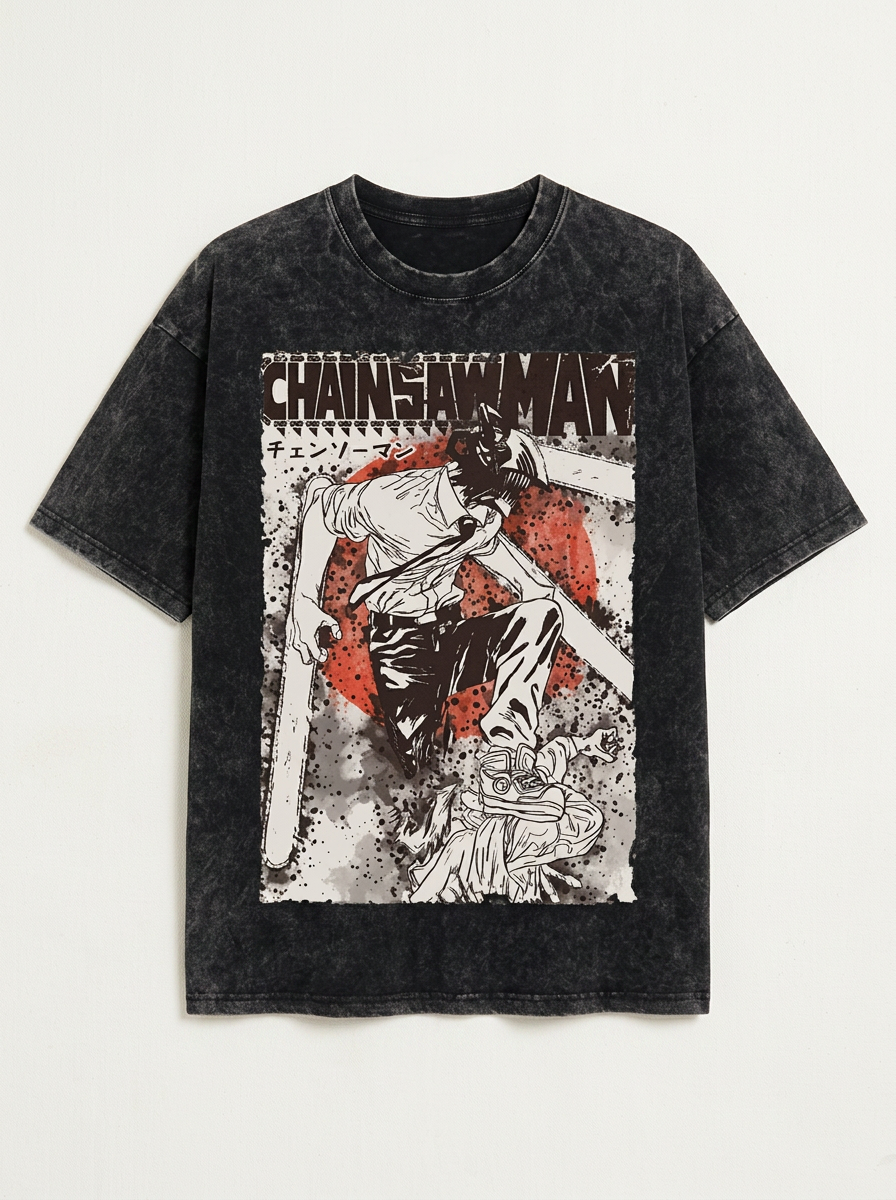 Anime Washable T-Shirt Collection 2 flat lay front view — washed black oversized t-shirt | Tempus Arc premium anime streetwear