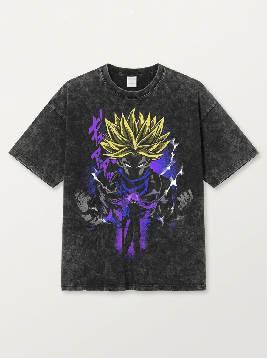Anime Washable T-Shirt Collection 2 flat lay front view — washed black oversized t-shirt | Tempus Arc premium anime streetwear