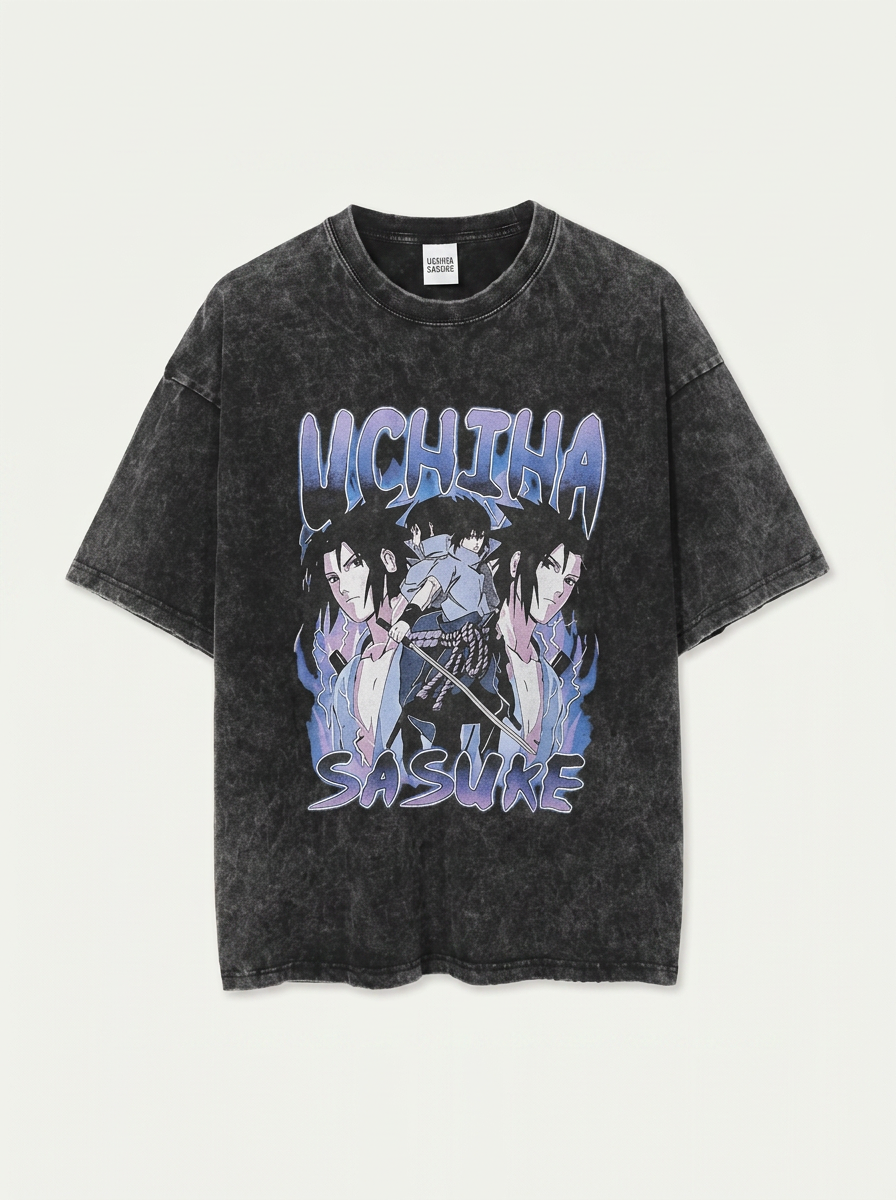 Anime Washable T-Shirt Collection 2 flat lay front view — washed black oversized t-shirt | Tempus Arc premium anime streetwear