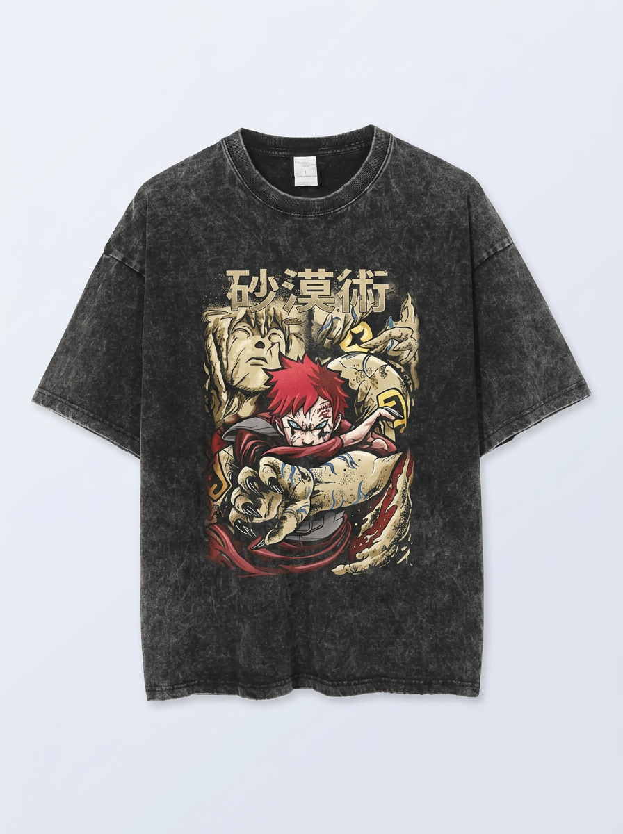 Anime Washable T-Shirt Collection 2 flat lay front view — washed black oversized t-shirt | Tempus Arc premium anime streetwear