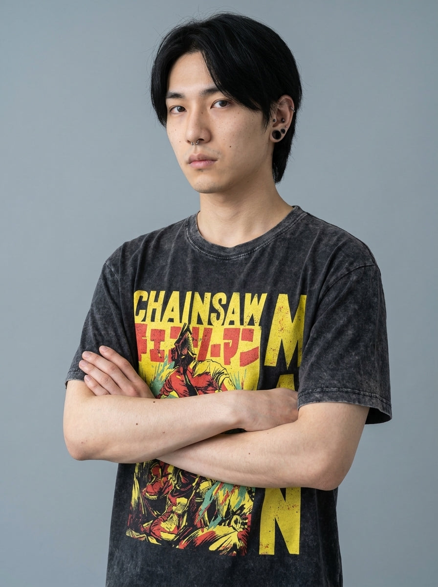 Autumn Winter Anime Chainsaw Man Print Long Sleeve Top on model arms crossed — washed black t-shirt | Tempus Arc premium anime streetwear