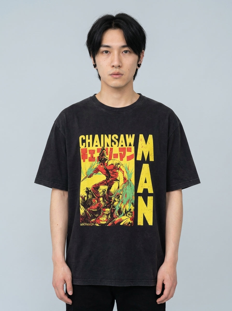 Autumn Winter Anime Chainsaw Man Print Long Sleeve Top model frontal central — washed black t-shirt | Tempus Arc premium anime streetwear