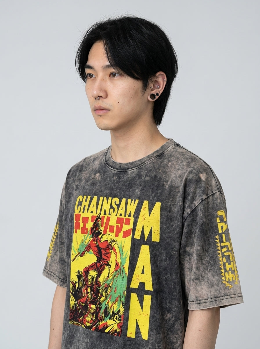 Autumn Winter Anime Chainsaw Man Print Long Sleeve Top model lateral 3/4 — oversized washed cotton t-shirt | Tempus Arc premium anime streetwear