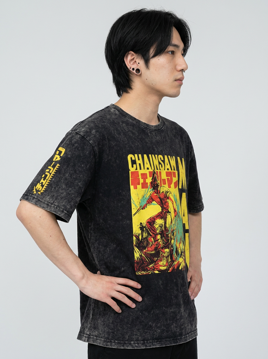 Autumn Winter Anime Chainsaw Man Print Long Sleeve Top model side profile athletic — washed cotton t-shirt | Tempus Arc premium anime streetwear