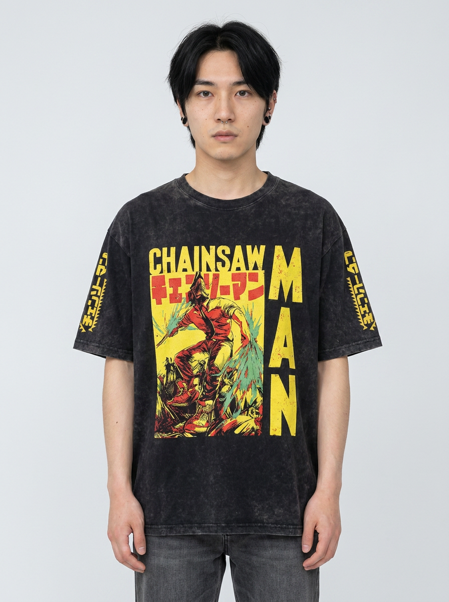 Autumn Winter Anime Chainsaw Man Print Long Sleeve Top full body model — oversized boxed t-shirt | Tempus Arc premium anime streetwear