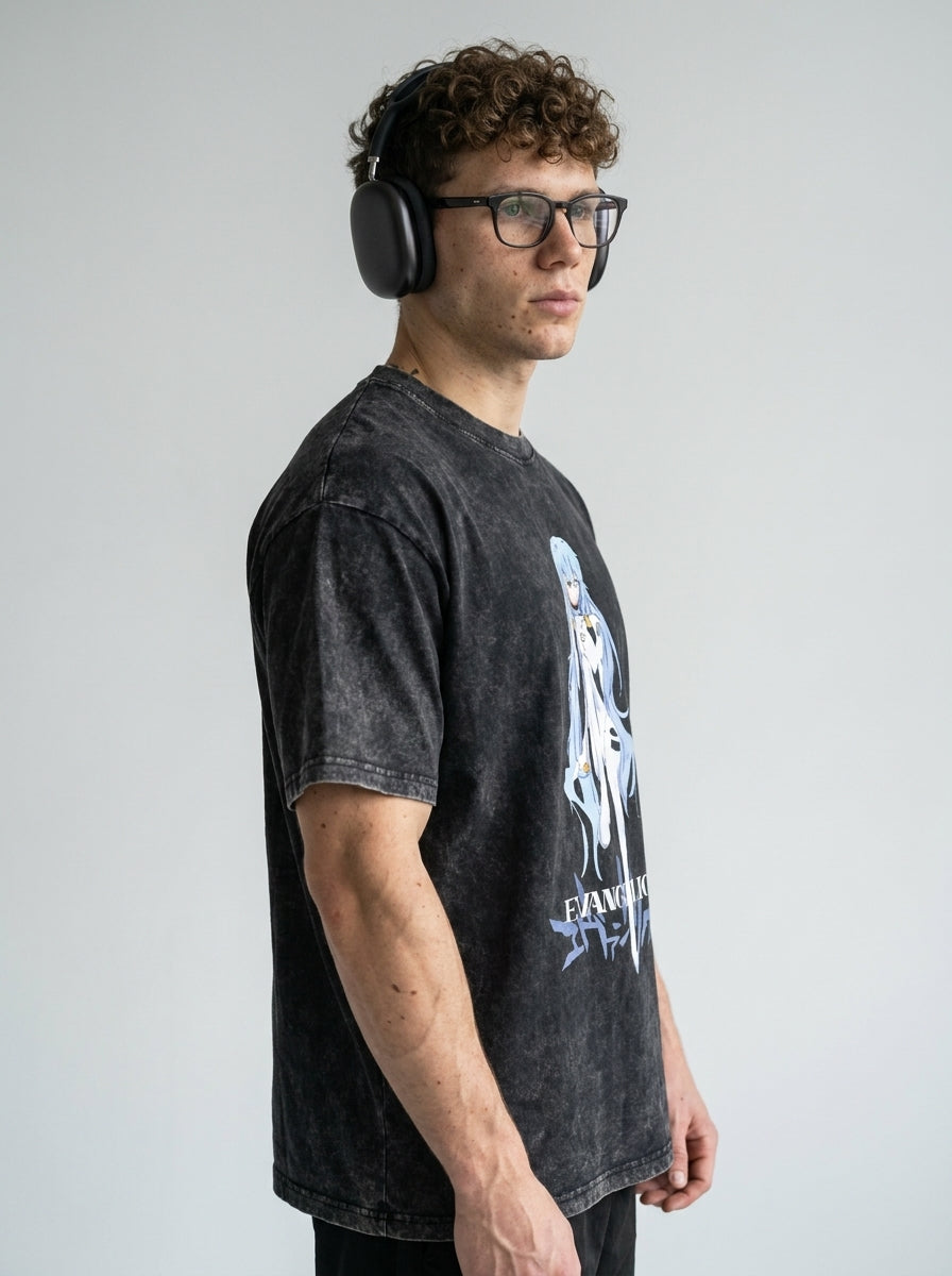 Ayanami T-Shirt with Vintage Print (Single Piece) side view on model — oversized washed cotton t-shirt | Tempus Arc premium anime streetwear