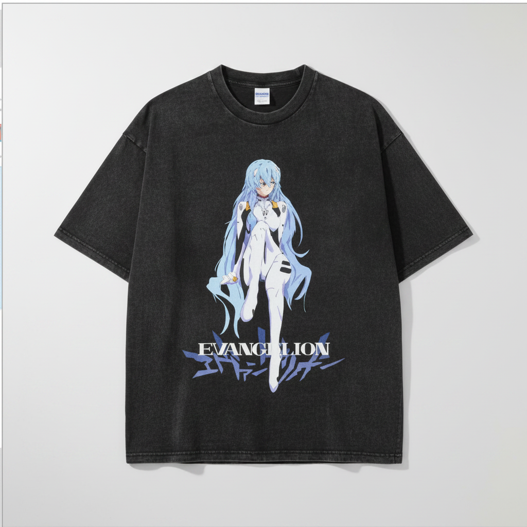 Ayanami T-Shirt with Vintage Print (Single Piece) flat lay — washed black oversized anime t-shirt | Tempus Arc premium anime streetwear
