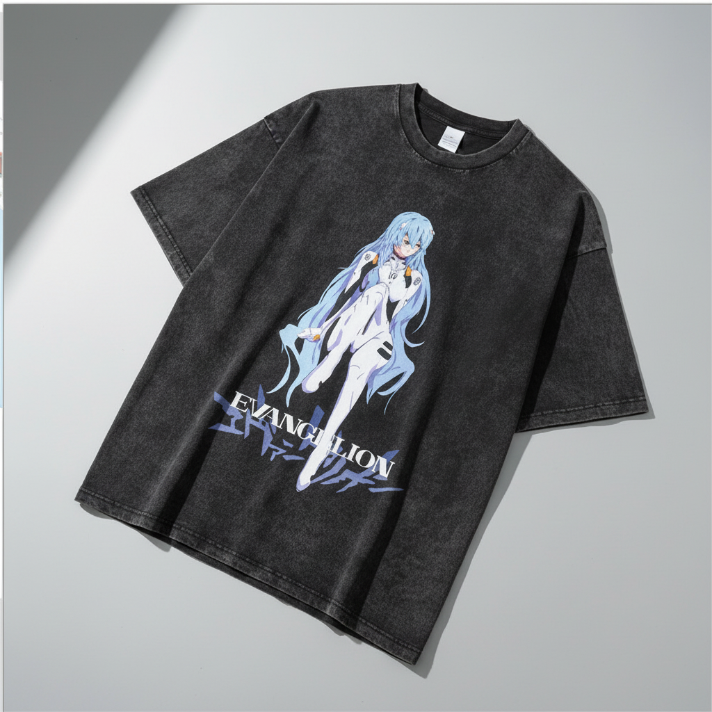 Ayanami T-Shirt with Vintage Print (Single Piece) angle perspective shot — vintage washed cotton t-shirt | Tempus Arc premium anime streetwear