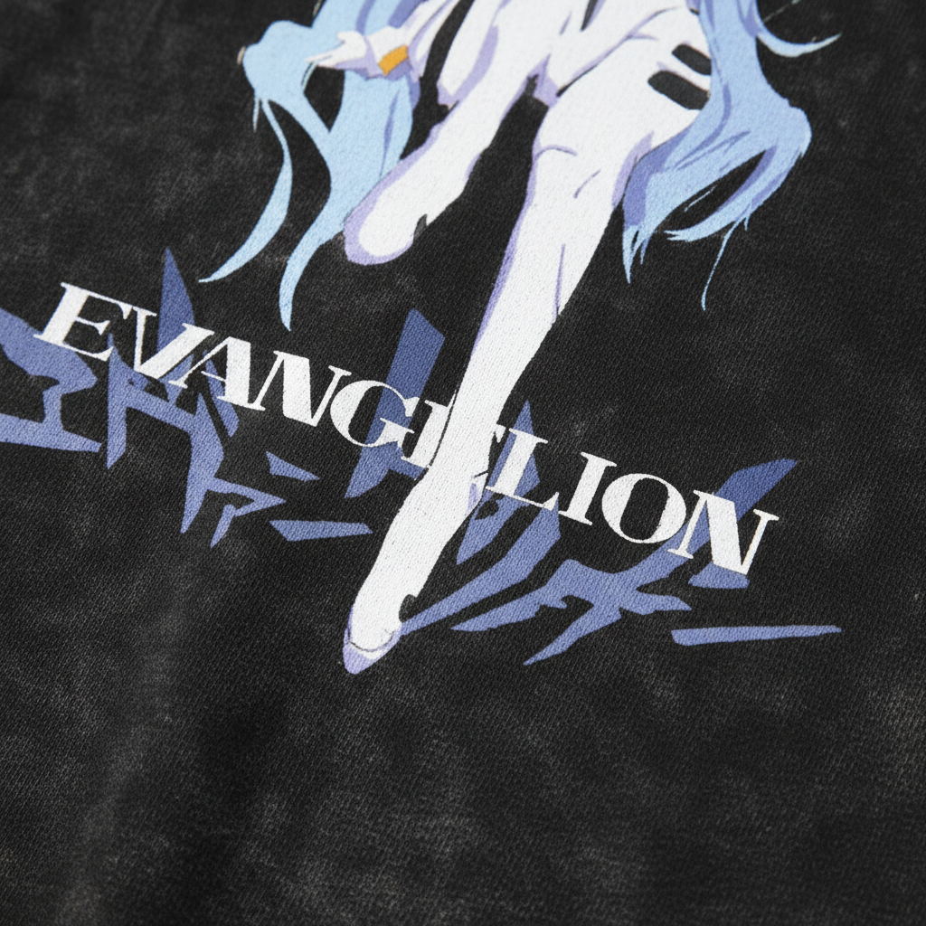 Ayanami T-Shirt with Vintage Print (Single Piece) print detail close-up — vintage washed mineral cotton | Tempus Arc premium anime streetwear