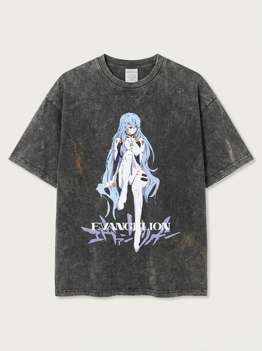 Ayanami T-Shirt with Vintage Print (Single Piece) flat lay front view — washed black oversized t-shirt | Tempus Arc premium anime streetwear