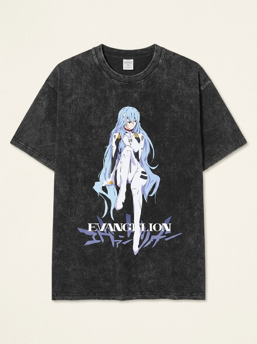 Ayanami T-Shirt with Vintage Print (Single Piece) angle perspective shot — washed cotton t-shirt | Tempus Arc premium anime streetwear