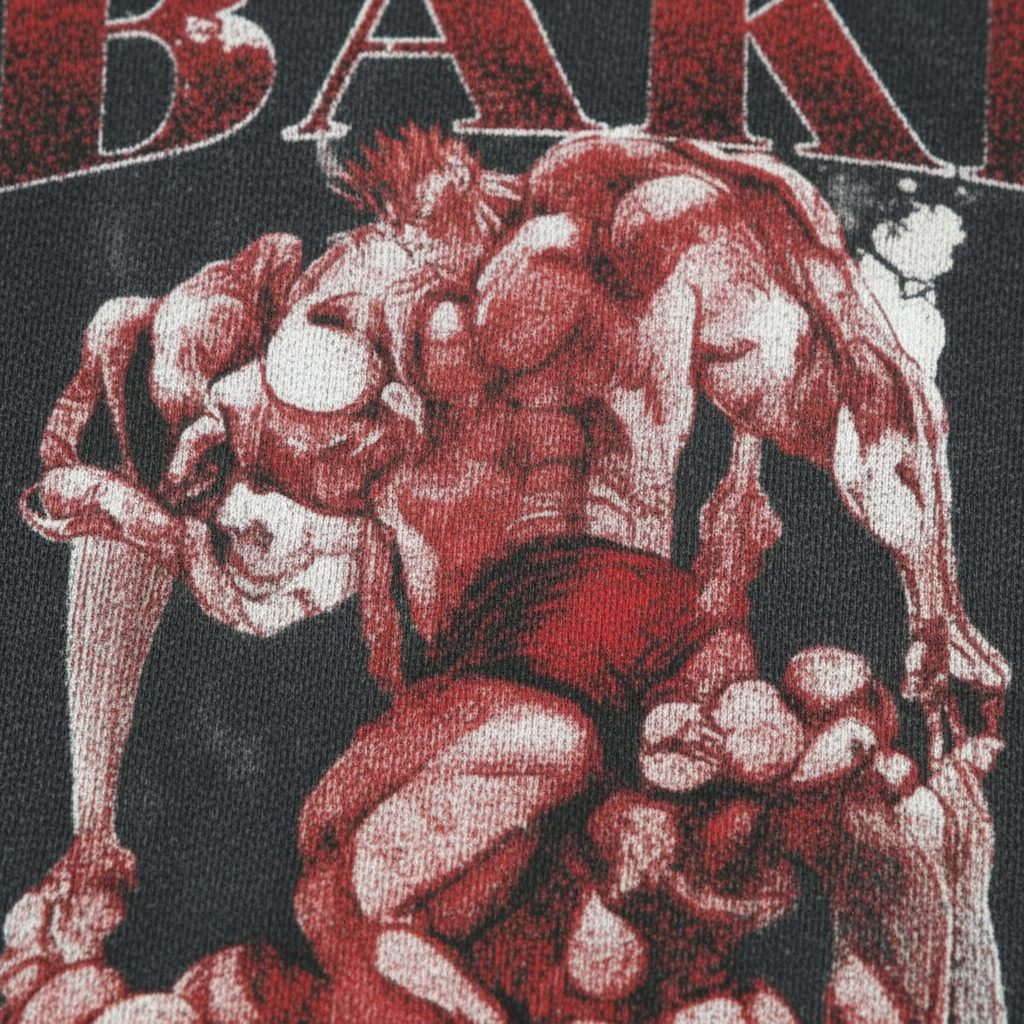 Baki Hanma Gothic Harajuku Hoodie (One Piece) print detail close-up — vintage washed mineral cotton | Tempus Arc premium anime streetwear