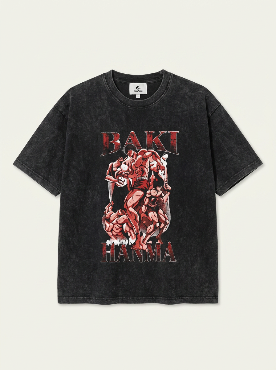 Baki Hanma Gothic Harajuku Hoodie (One Piece) flat lay front view — washed black oversized hoodie | Tempus Arc premium anime streetwear