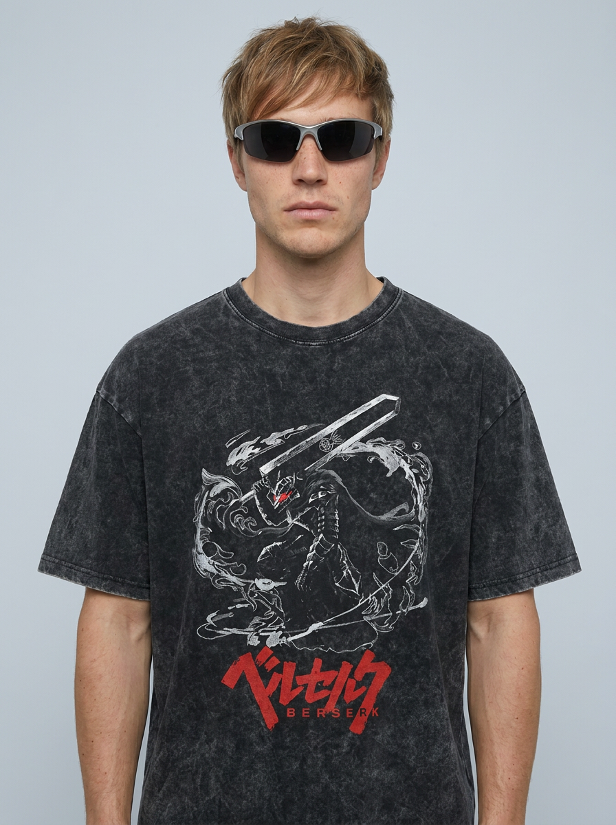 Berserk Vintage Wash Oversized Graphic T-Shirt (One Piece) on male model — washed black t-shirt front view | Tempus Arc premium anime streetwear