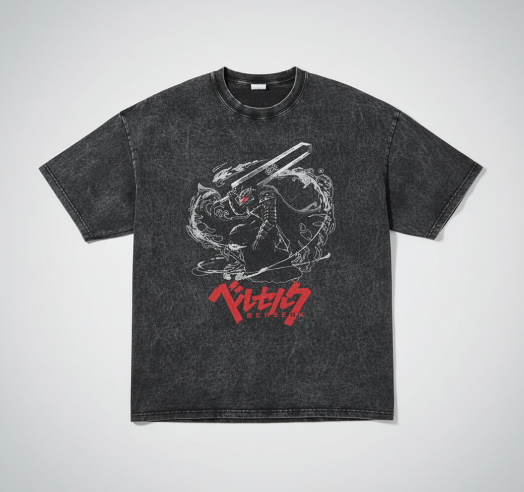 Berserk Vintage Wash Oversized Graphic T-Shirt (One Piece) flat lay — washed black oversized anime t-shirt | Tempus Arc premium anime streetwear