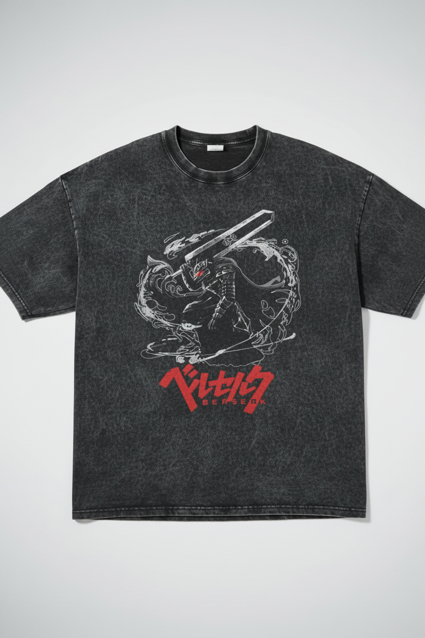Berserk Vintage Wash Oversized Graphic T-Shirt (One Piece) flat lay — washed black oversized anime t-shirt | Tempus Arc premium anime streetwear