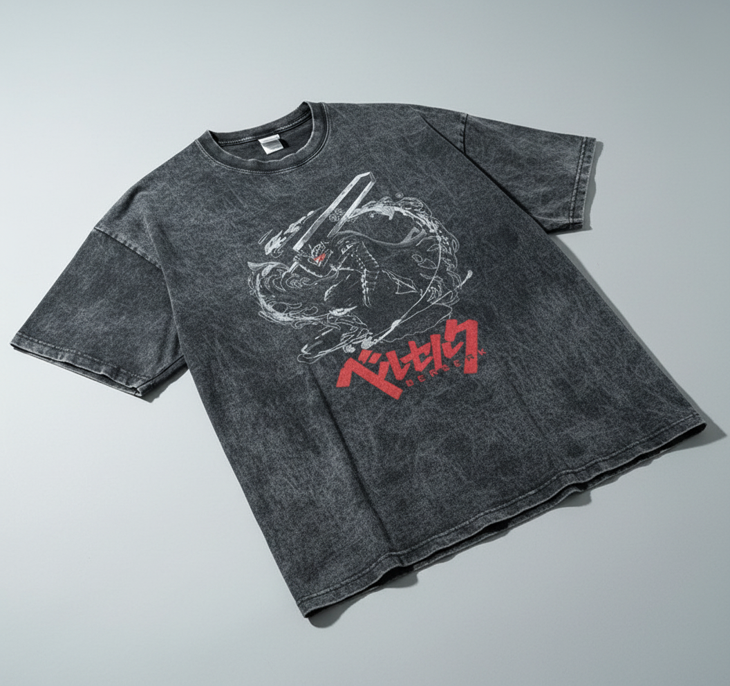 Berserk Vintage Wash Oversized Graphic T-Shirt (One Piece) angle perspective shot — vintage washed cotton t-shirt | Tempus Arc premium anime streetwear