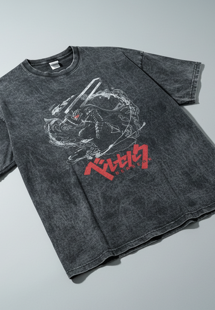 Berserk Vintage Wash Oversized Graphic T-Shirt (One Piece) angle perspective shot — vintage washed cotton t-shirt | Tempus Arc premium anime streetwear