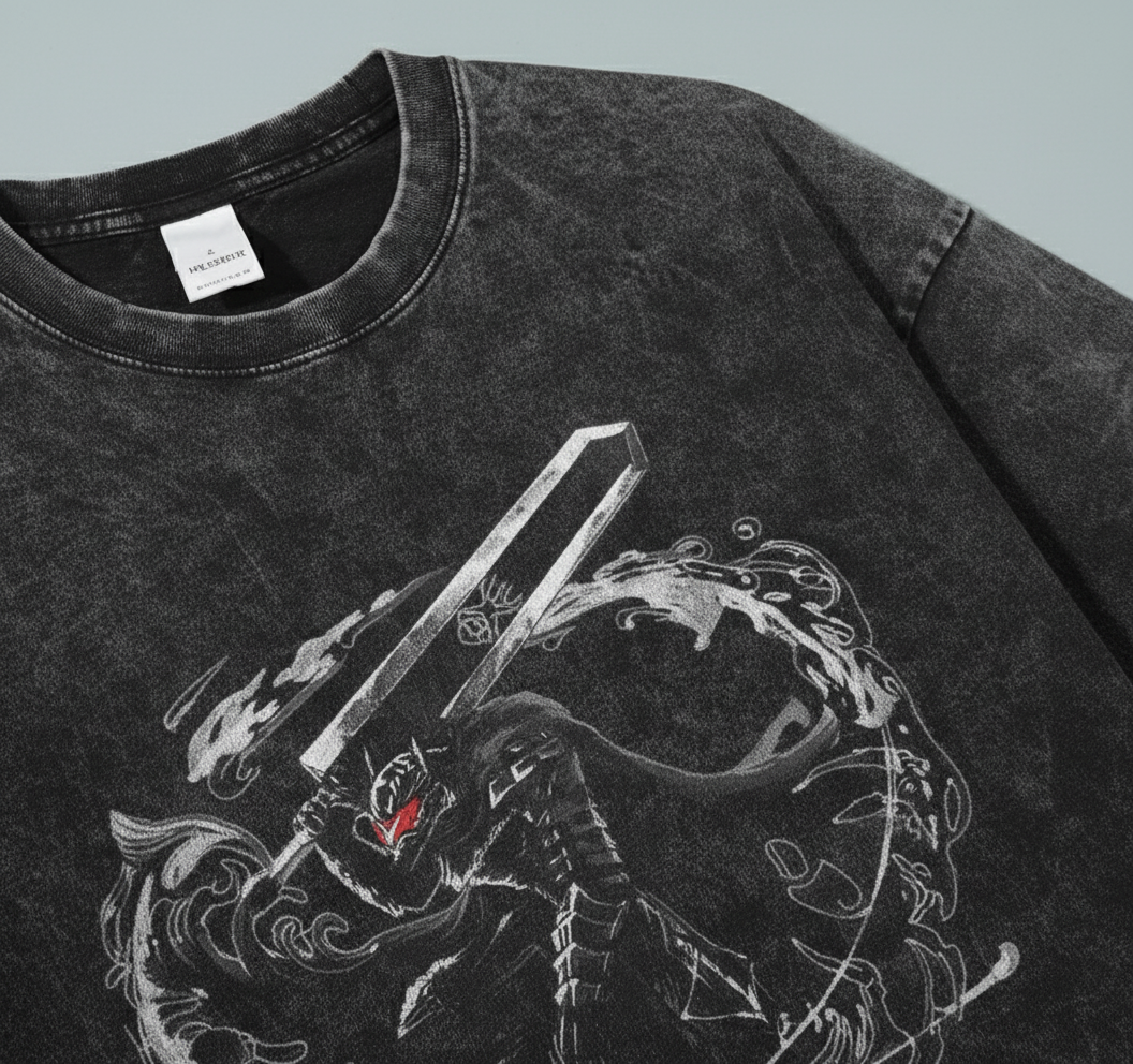 Berserk Vintage Wash Oversized Graphic T-Shirt (One Piece) print detail close-up — vintage washed mineral cotton | Tempus Arc premium anime streetwear