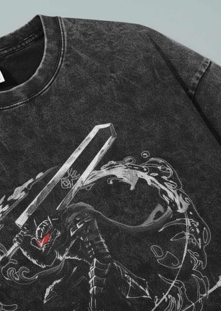 Berserk Vintage Wash Oversized Graphic T-Shirt (One Piece) print detail close-up — vintage washed mineral cotton | Tempus Arc premium anime streetwear