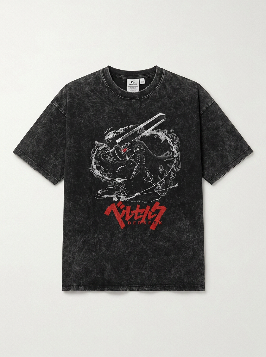 Berserk Vintage Wash Oversized Graphic T-Shirt (One Piece) flat lay front view — washed black oversized t-shirt | Tempus Arc premium anime streetwear